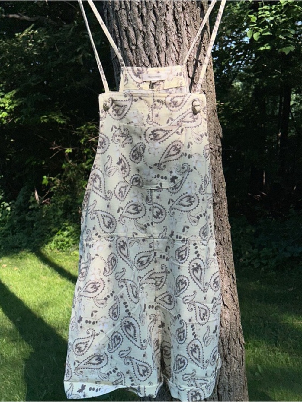 No Comment Light Yellow with Brown Paisley Print Overall Romper